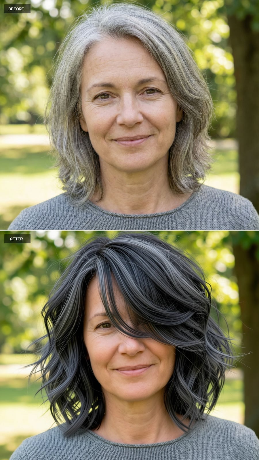 Create A Photorealistic Headshot Makeover Of The Same Woman With A Medium-length Wavy Cut In Dark Slate Gray, Light Shag-inspired Layers, And Effortless Movement Around The Face.