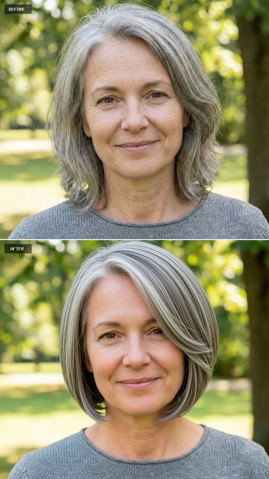 Create A Photorealistic Headshot Makeover Of The Same Woman With A Refined Short Bob In Neutral Gray, Soft Internal Layers, Gentle Side Part, And Understated Polish.