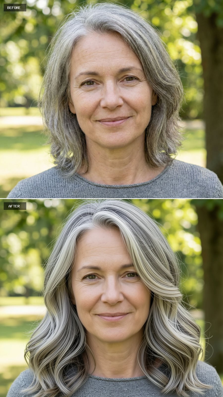 Create A Photorealistic Headshot Makeover Of The Same Woman With A Longer Shoulder-length Hairstyle In Cool Beige Blonde With Visible Gray Streaks, Loose Waves, And A Casual Lived-in Finish.