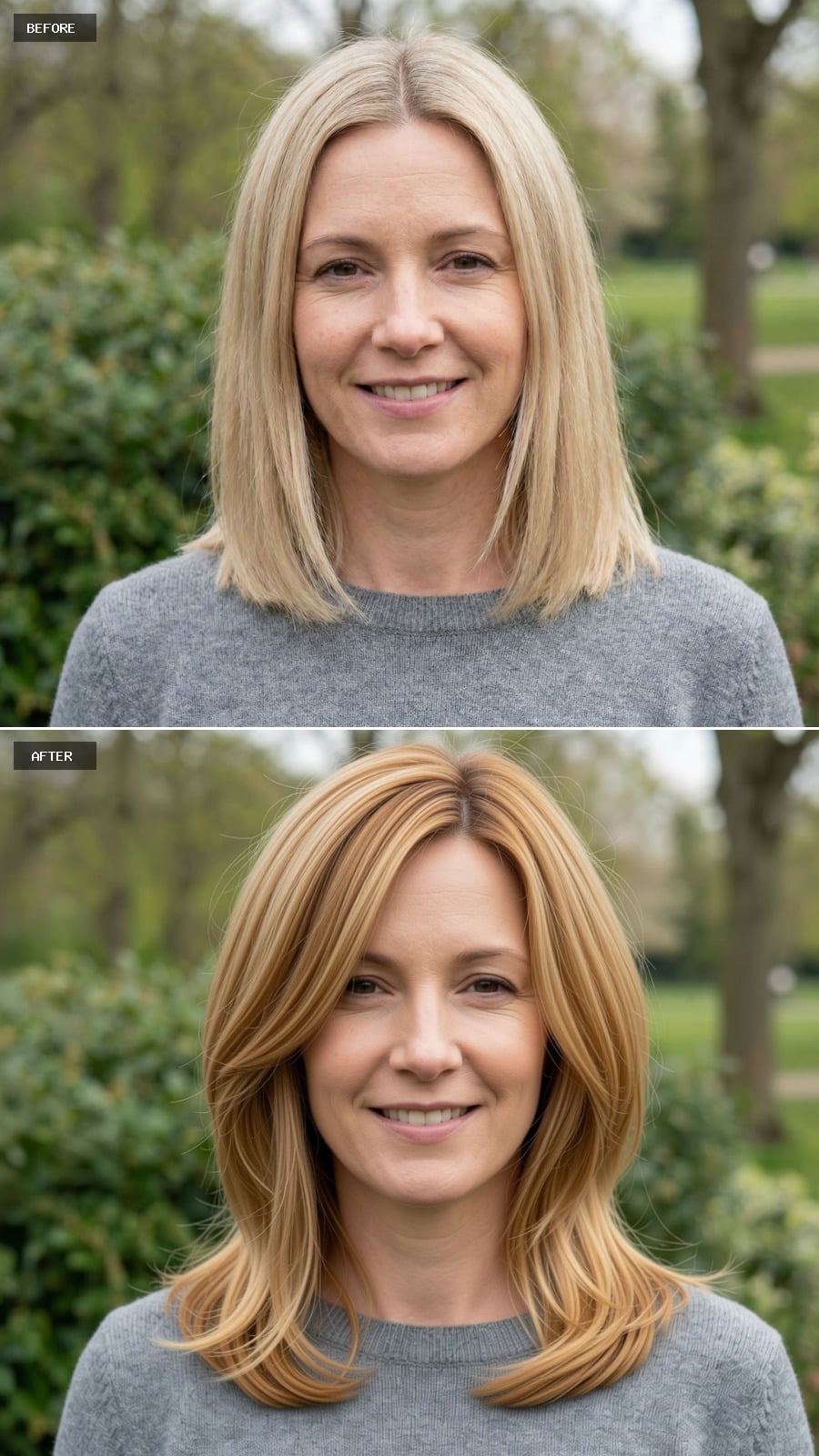 Create A Photorealistic Headshot Makeover Of The Same 43-year-old Woman With A Shoulder-length Layered Lob In Warm Honey Blonde, Soft Face-framing Layers, Subtle Volume At The Crown, And A Relaxed Side Part.