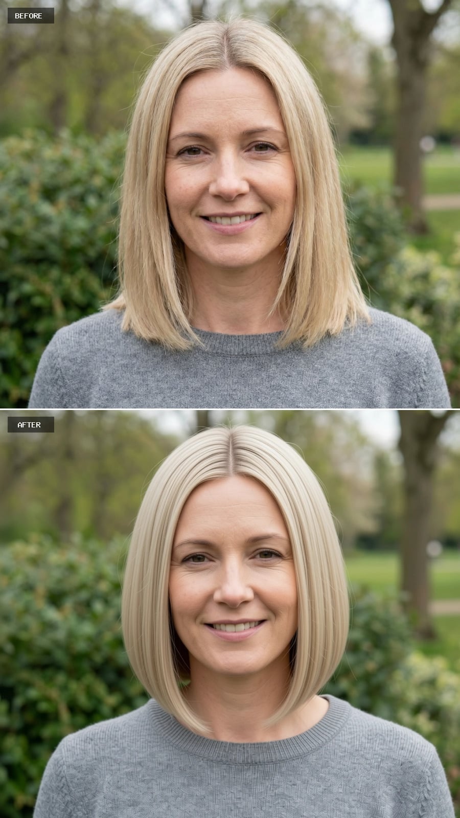 Create A Photorealistic Headshot Makeover Of The Same Woman With A Chin-length Blunt Bob In Cool Beige Blonde, Clean Perimeter, Middle Part, And Sleek Polished Finish.