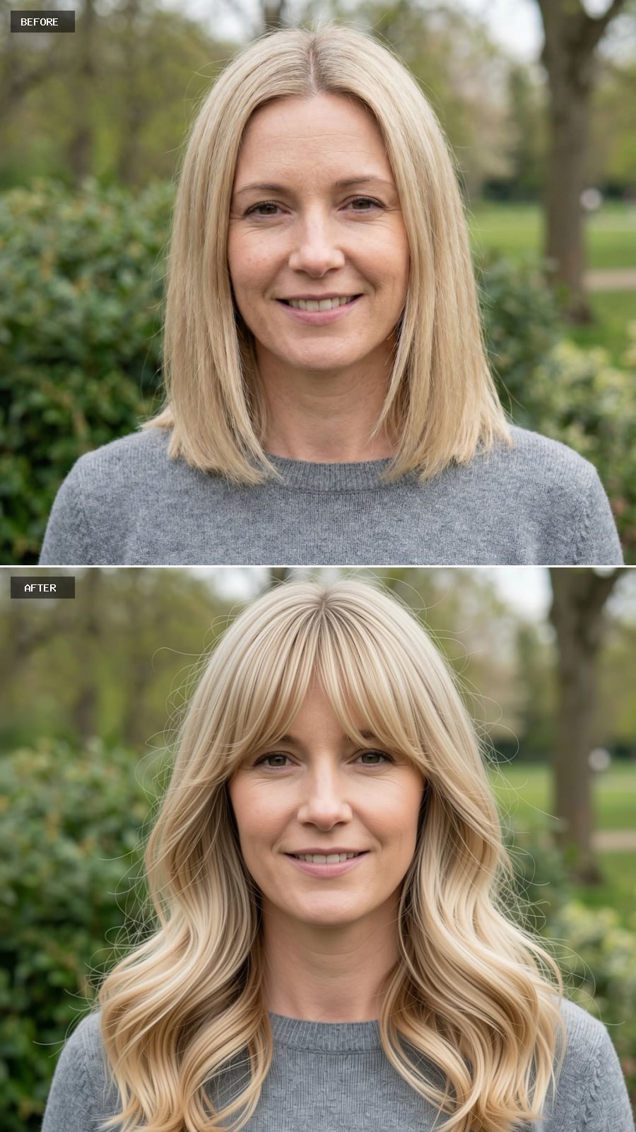 Create A Photorealistic Headshot Makeover Of The Same Woman With A Long Layered Haircut Past The Shoulders In Natural Sandy Blonde, Soft Waves, And Curtain Bangs That Frame The Face.