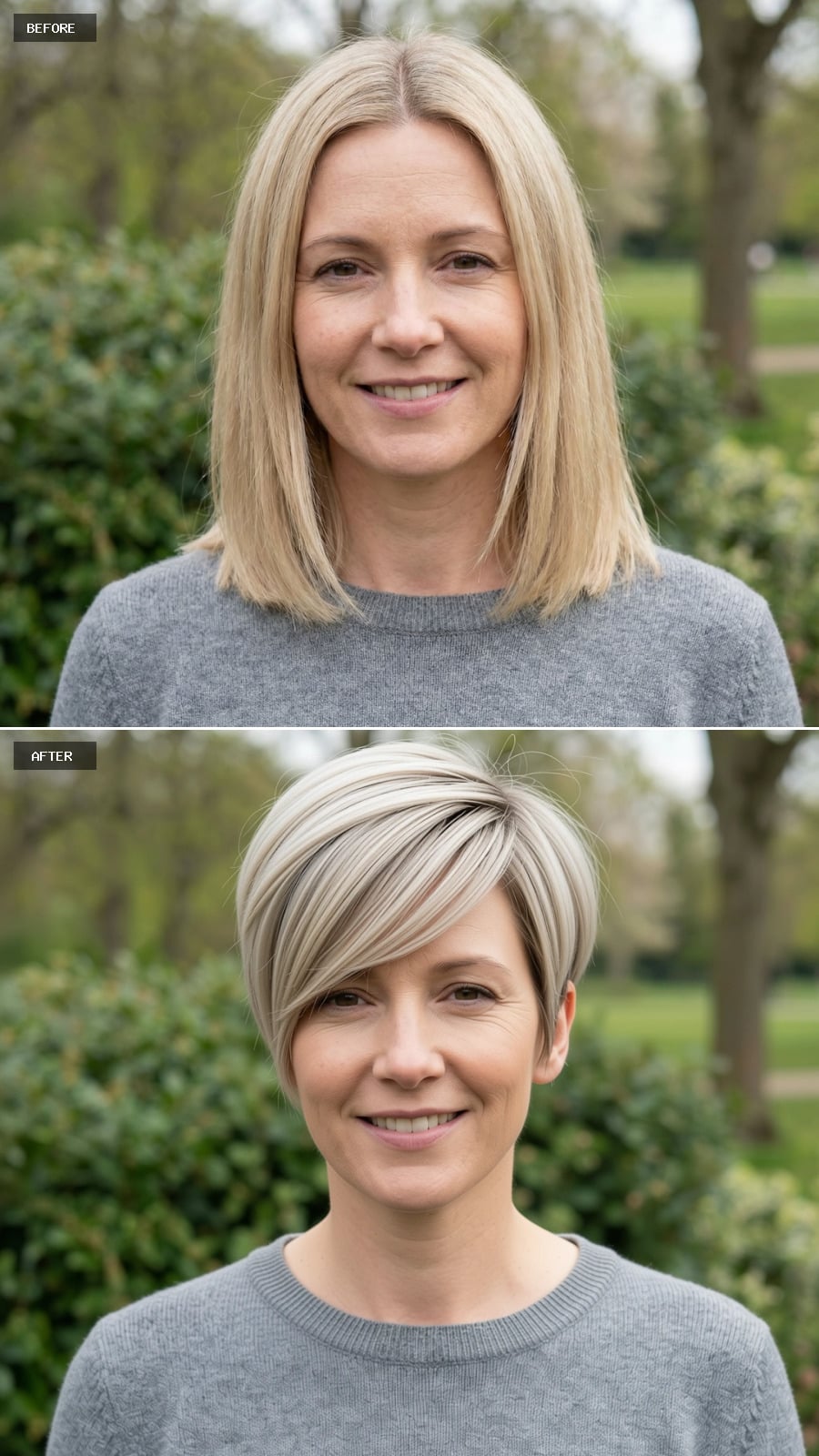 Create A Photorealistic Headshot Makeover Of The Same Woman With A Modern Short Pixie Cut In Neutral Blonde, Textured Top, Tapered Sides, And A Soft Side Fringe.