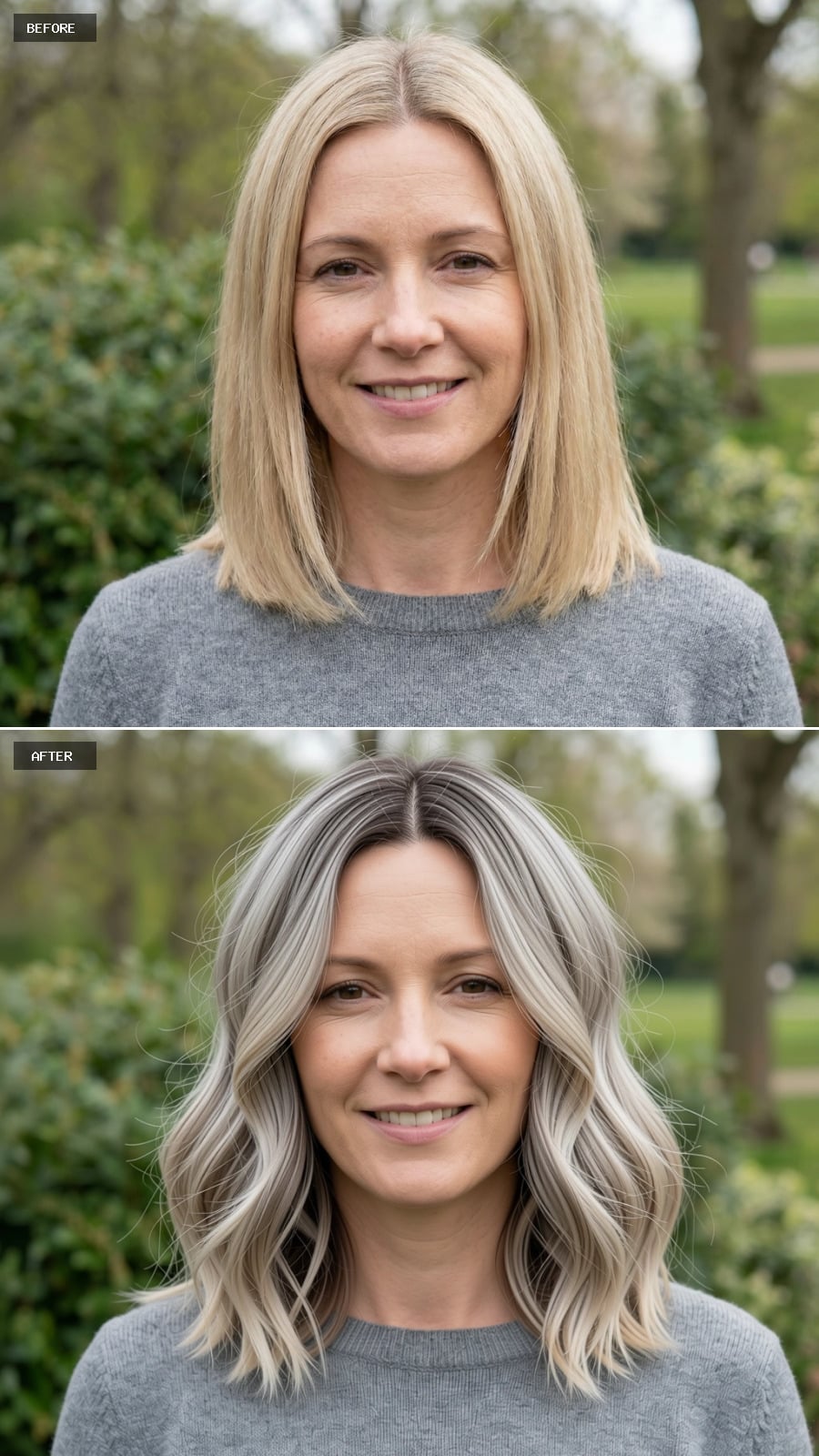 Create A Photorealistic Headshot Makeover Of The Same Woman With A Collarbone-length Lob In Ash Blonde Balayage, Darker Roots Blending Into Lighter Ends, Loose Natural Waves.