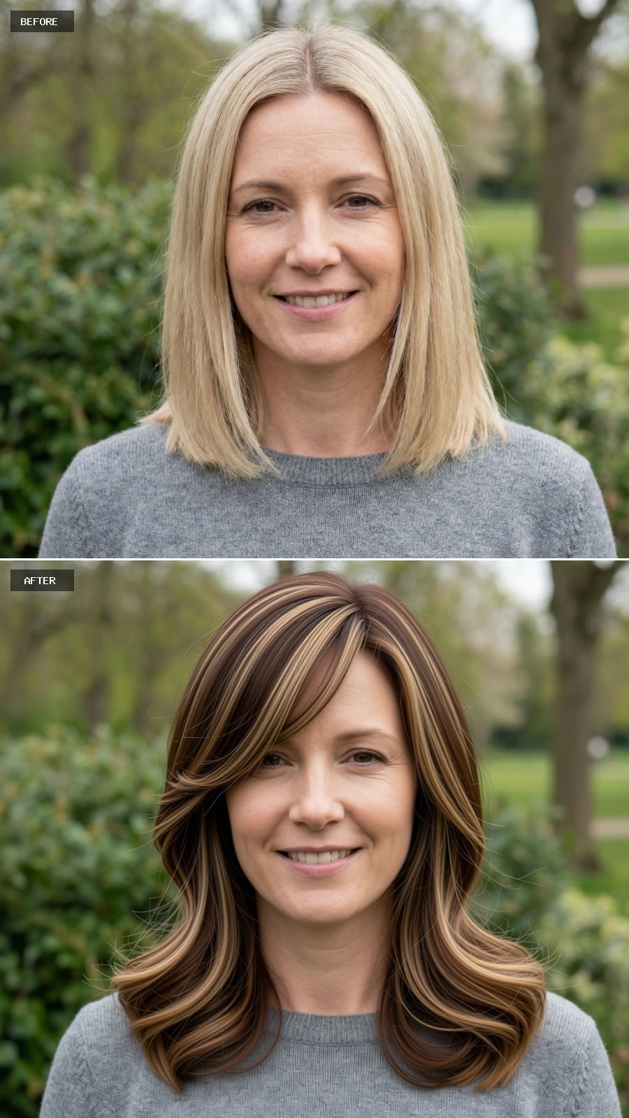 Create A Photorealistic Headshot Makeover Of The Same Woman With A Shoulder-length Cut In Warm Brunette With Subtle Blonde Highlights, Smooth Blowout, And A Side-swept Fringe.