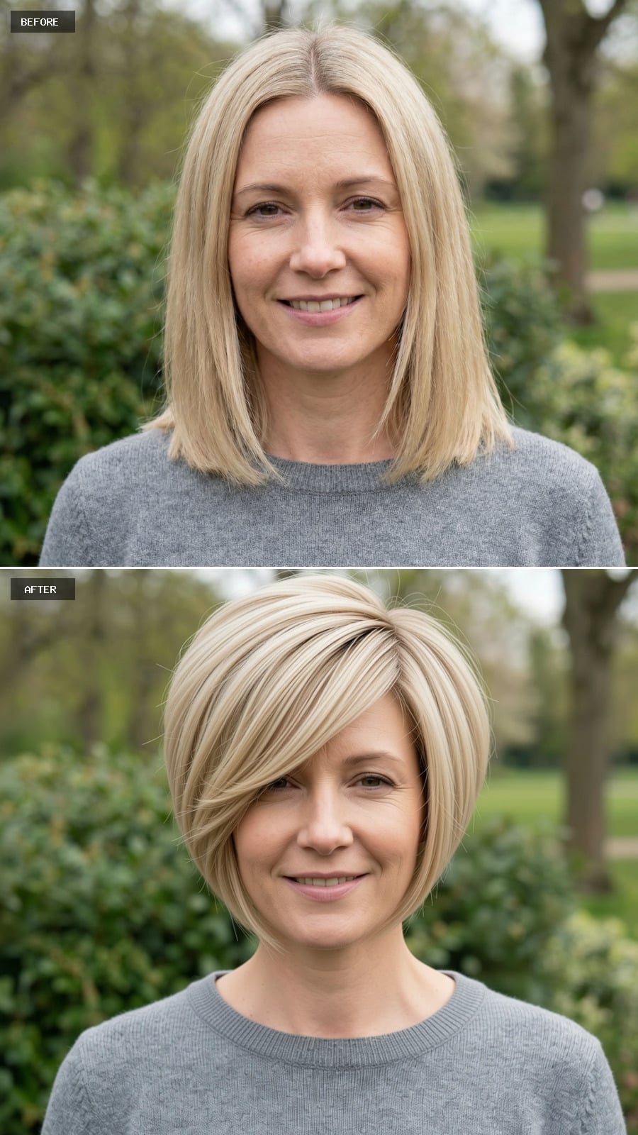 Create A Photorealistic Headshot Makeover Of The Same Woman With A Short Stacked Bob In Soft Golden Blonde, Volume At The Back, Angled Front Pieces, And Refined Shape.