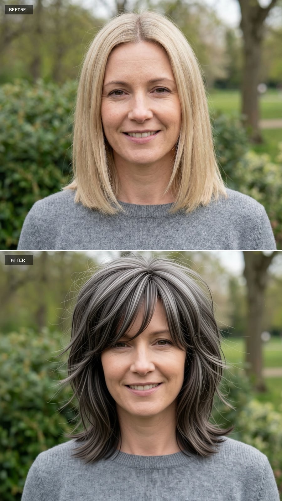 Create A Photorealistic Headshot Makeover Of The Same Woman With A Mid-length Shag Haircut In Dark Blonde, Choppy Layers, Wispy Bangs, And Effortless Texture.