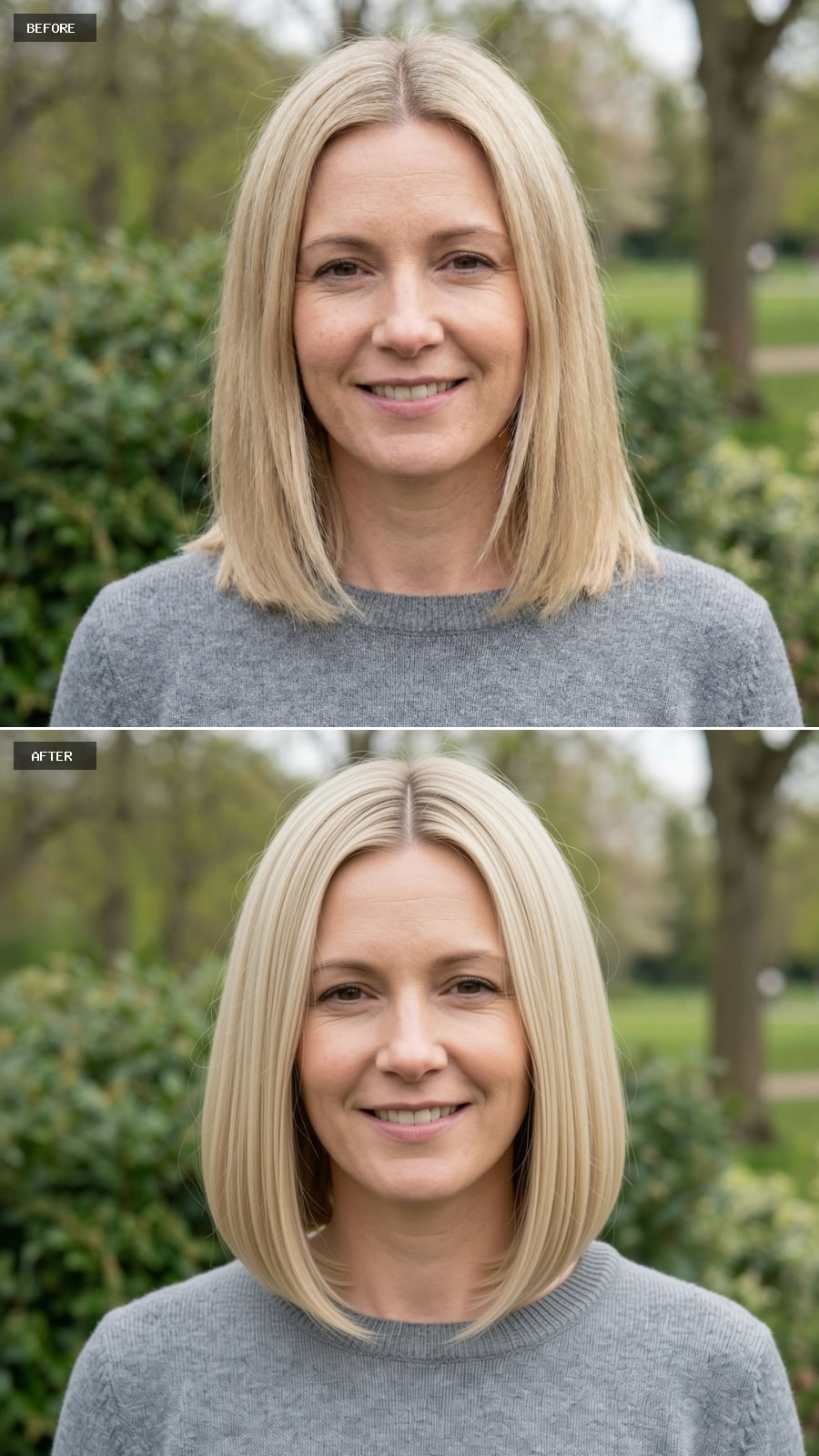 Create A Photorealistic Headshot Makeover Of The Same Woman With A Shoulder-grazing Bob In Mushroom Blonde, Minimal Layers, And A Clean Center Part.