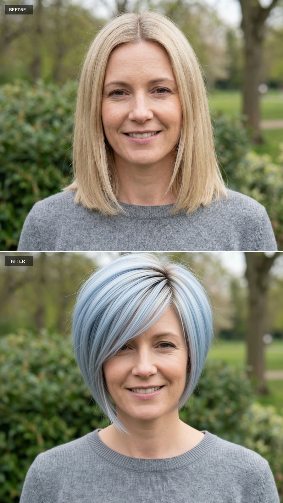 Create A Photorealistic Headshot Makeover Of The Same Woman With A Modern Pixie-bob Hybrid In Cool Blonde, Longer Top Layers, And Softly Tapered Neckline.