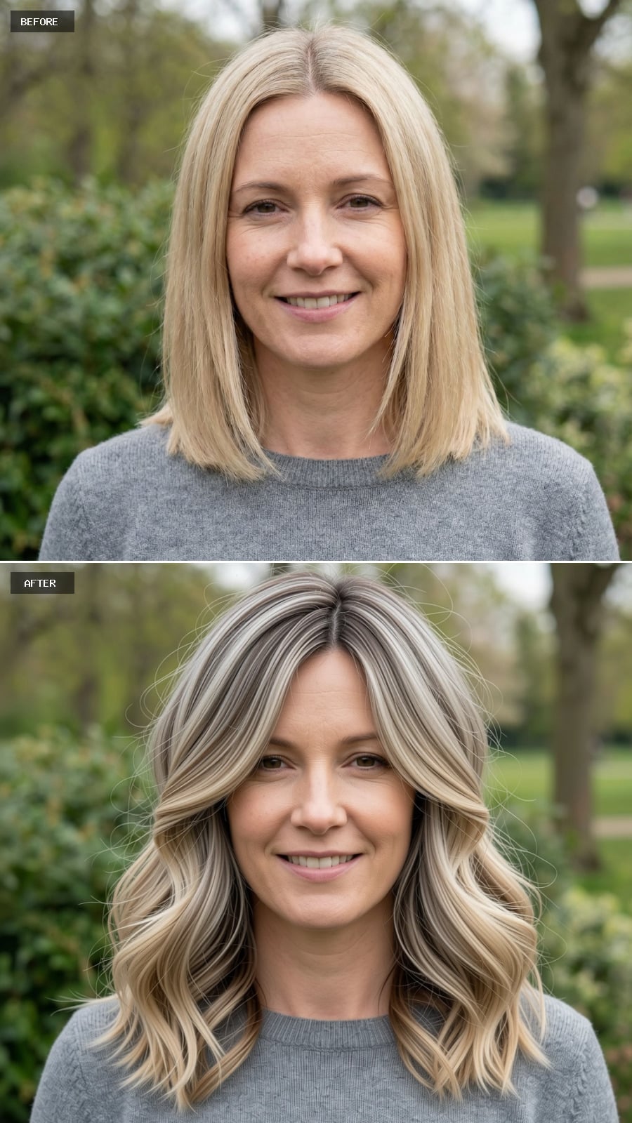 Create A Photorealistic Headshot Makeover Of The Same Woman With A Medium-length Layered Cut In Neutral Blonde Balayage, Face-framing Highlights, And Loose Waves.