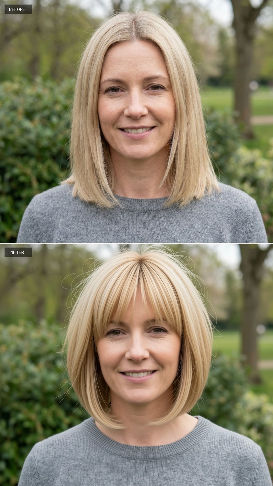 Create A Photorealistic Headshot Makeover Of The Same Woman With A Chin-length French Bob In Warm Blonde, Blunt Fringe, And Slightly Tousled Finish.