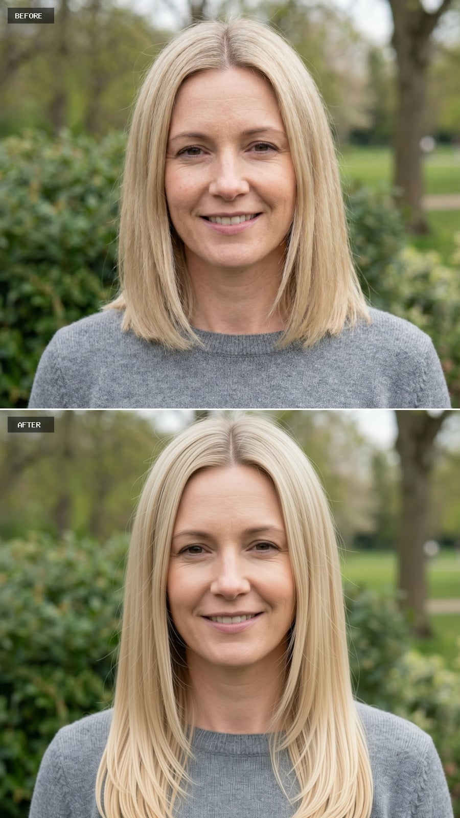 Create A Photorealistic Headshot Makeover Of The Same Woman With A Long Straight Haircut In Natural Blonde, Subtle Internal Layers, And A Soft Off-center Part.