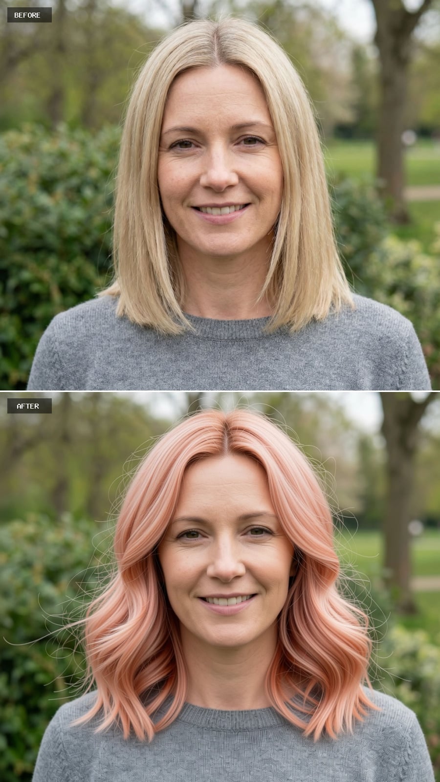 Create A Photorealistic Headshot Makeover Of The Same Woman With A Shoulder-length Cut In Soft Strawberry Blonde, Gentle Waves, And Airy Movement.