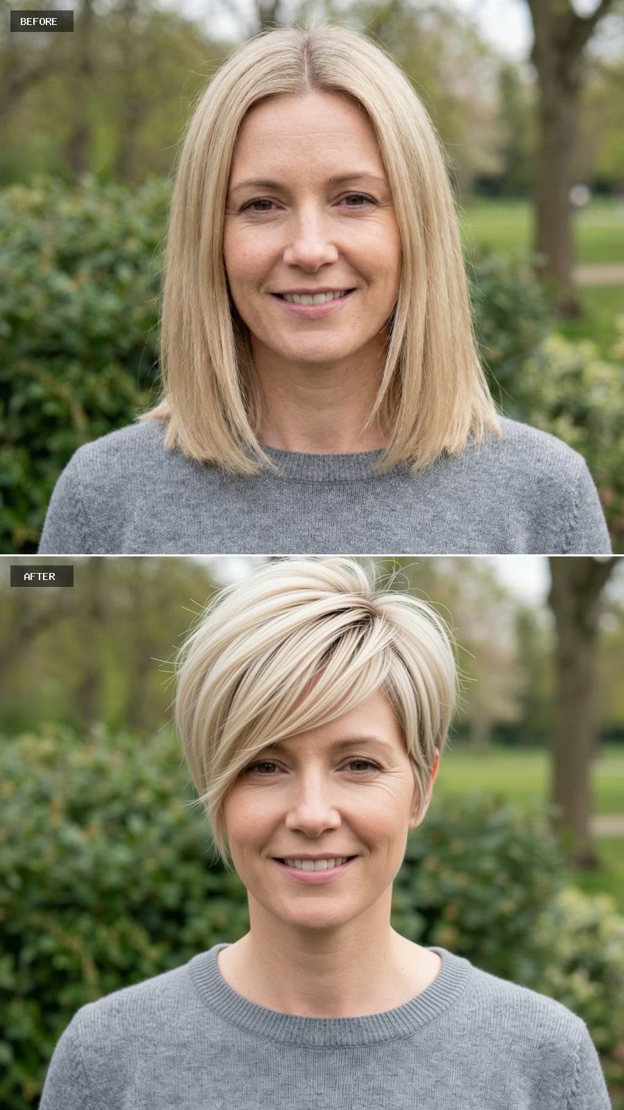 Create A Photorealistic Headshot Makeover Of The Same Woman With A Short Textured Crop In Beige Blonde, Tousled Top, And Clean Tapered Sides.