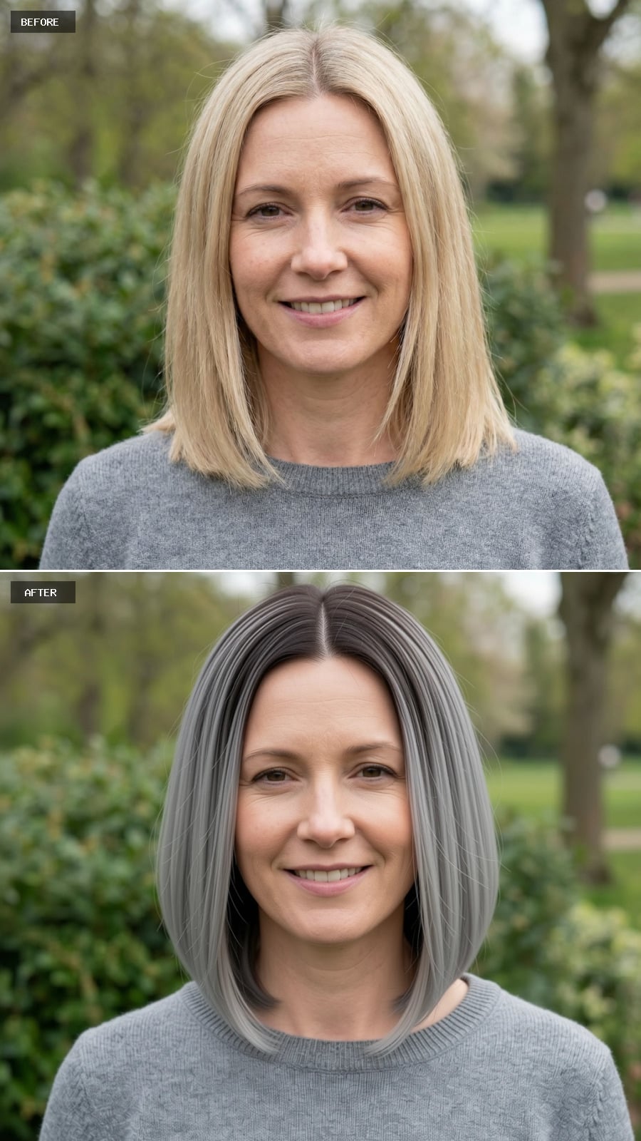 Create A Photorealistic Headshot Makeover Of The Same Woman With A Collarbone-length Lob In Cool Ash Blonde Ombre, Darker Roots Fading Into Lighter Ends, Smooth Finish.