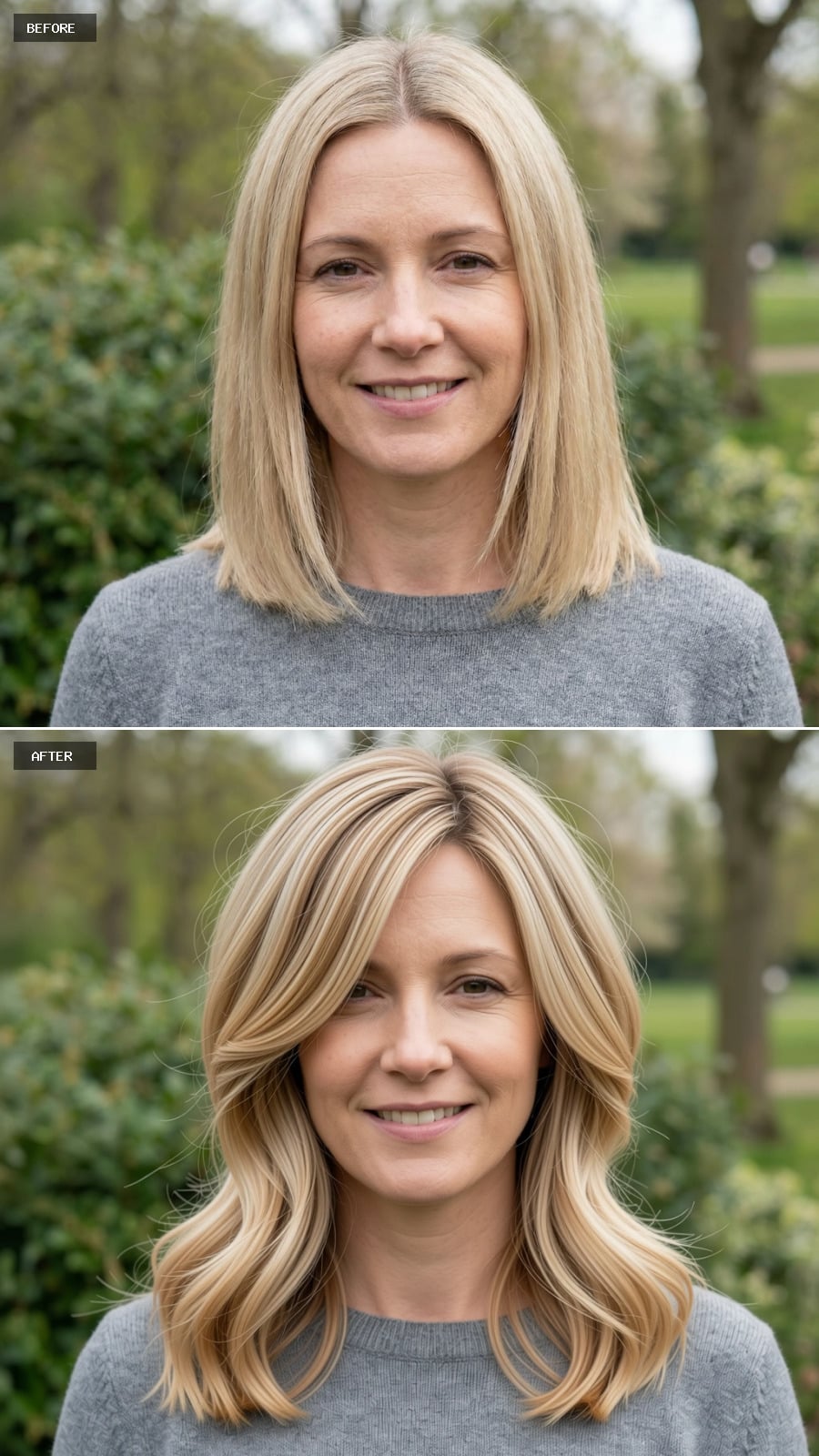 Create A Photorealistic Headshot Makeover Of The Same Woman With A Layered Mid-length Haircut In Warm Blonde With Subtle Lowlights, Side Part, And Soft Volume.