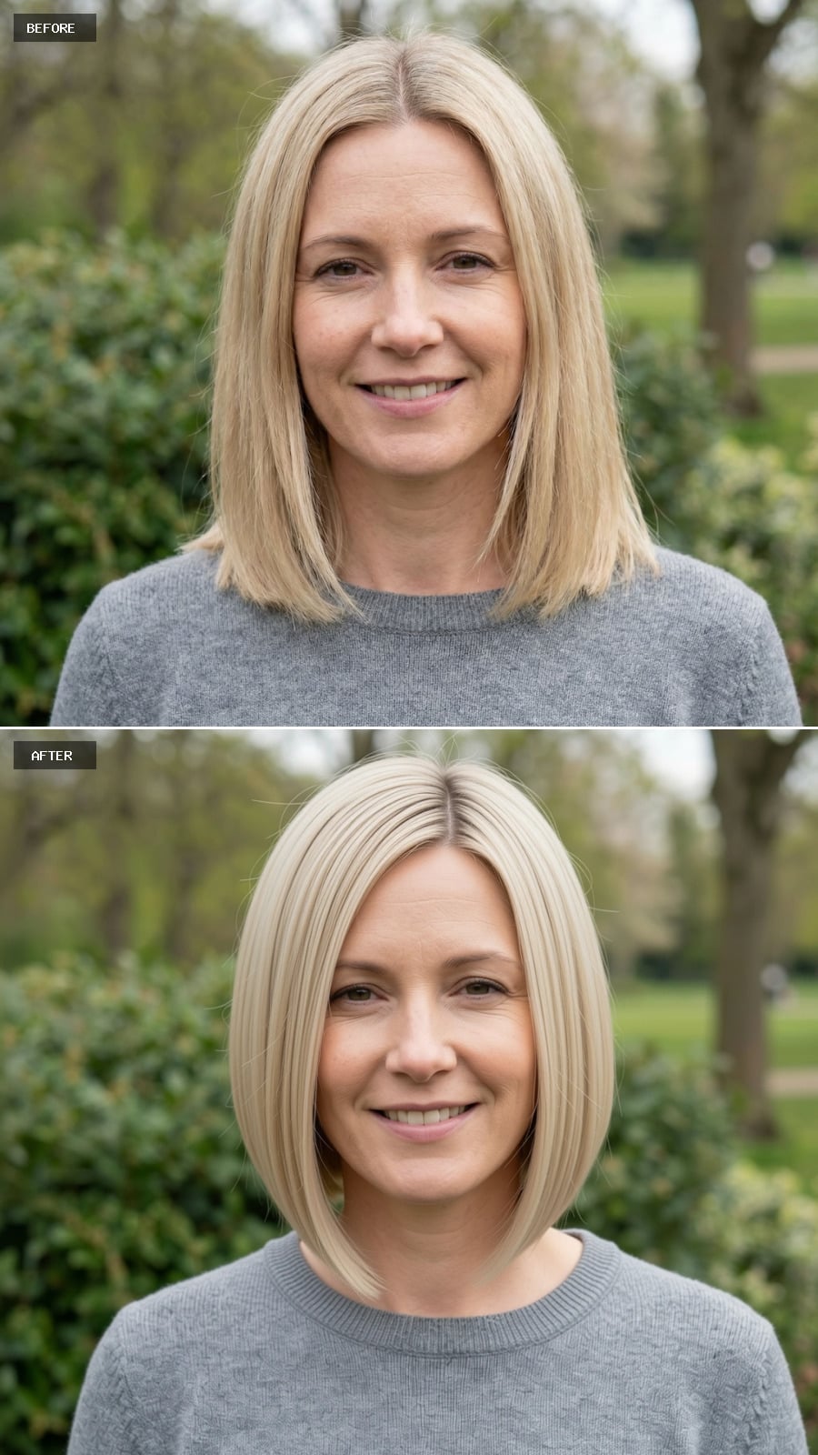 Create A Photorealistic Headshot Makeover Of The Same Woman With A Sleek Angled Bob In Champagne Blonde, Sharp Lines, And Polished Styling.