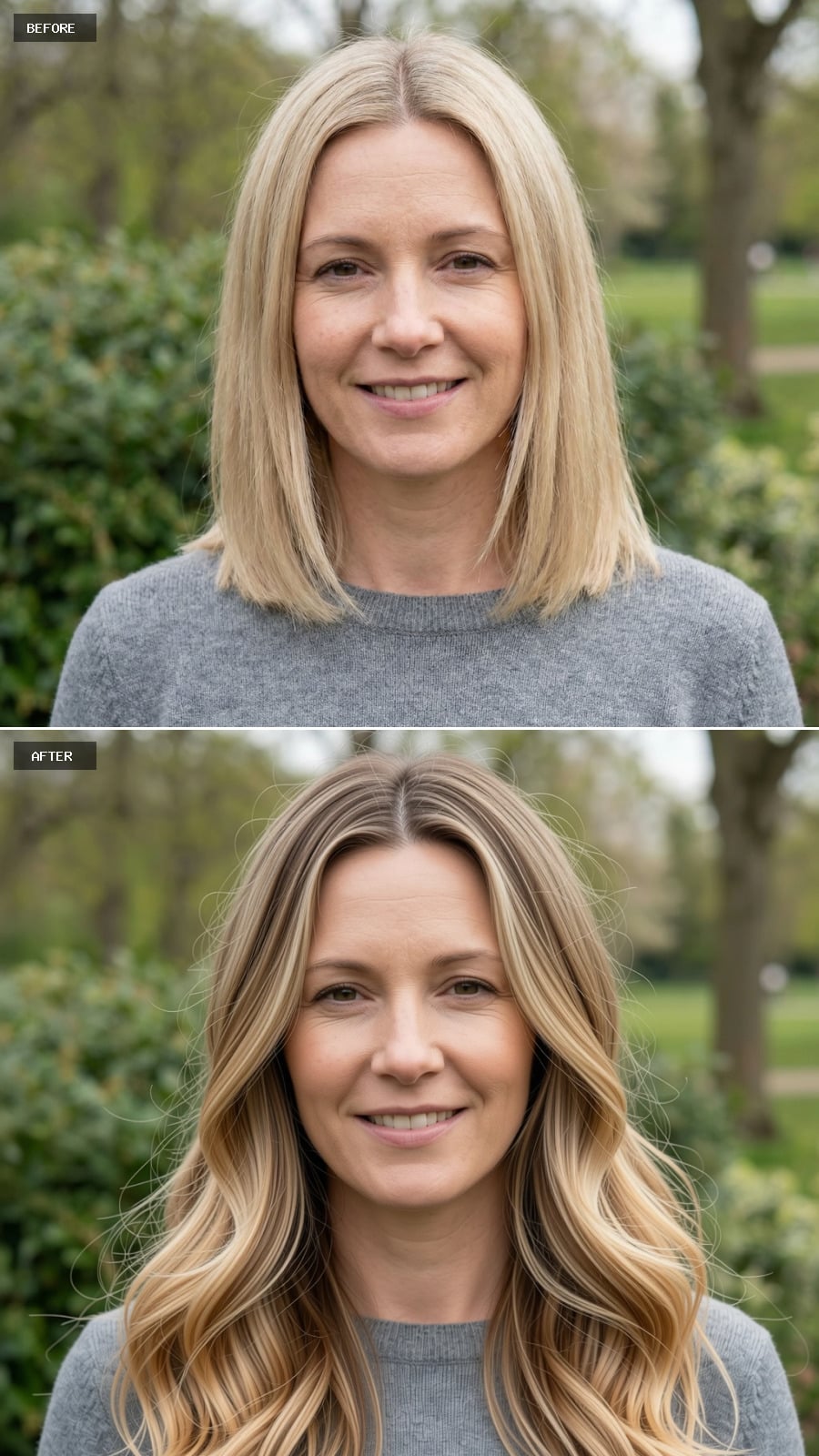 Create A Photorealistic Headshot Makeover Of The Same Woman With Long Beachy Waves In Sun-kissed Blonde Balayage, Natural Texture, And Relaxed Center Part.