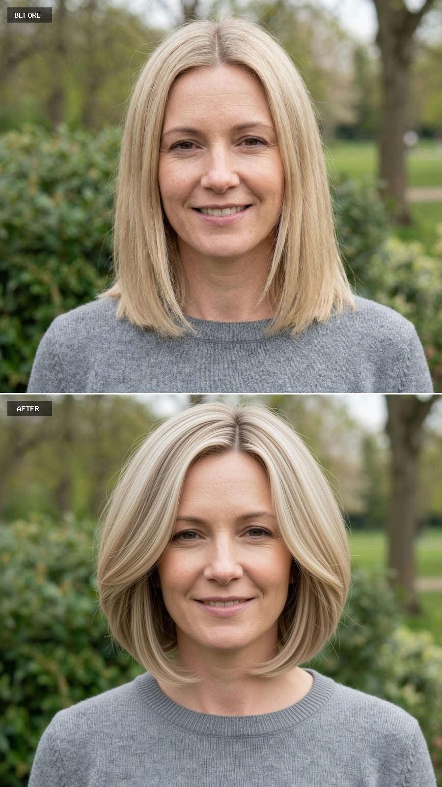 Create A Photorealistic Headshot Makeover Of The Same 43-year-old Woman With A Soft Jaw-length Bob In Neutral Blonde, Light Internal Layering, Subtle Bend At The Ends, And An Off-center Part.