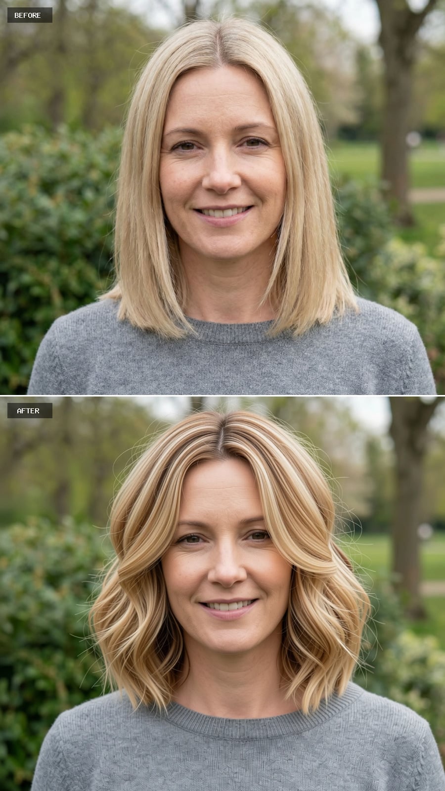 Create A Photorealistic Headshot Makeover Of The Same Woman With A Collarbone-length Cut In Warm Sandy Blonde With Fine Balayage Highlights, Loose Waves, And Natural Volume At The Crown.
