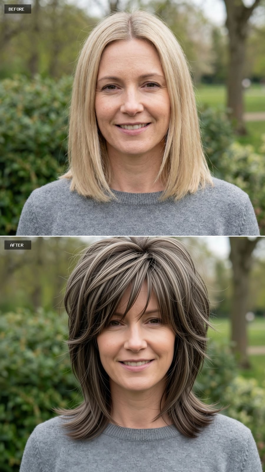 Create A Photorealistic Headshot Makeover Of The Same Woman With A Modern Shoulder-length Shag In Dark Blonde, Choppy Layers, Wispy Fringe, And Effortless Lived-in Texture.