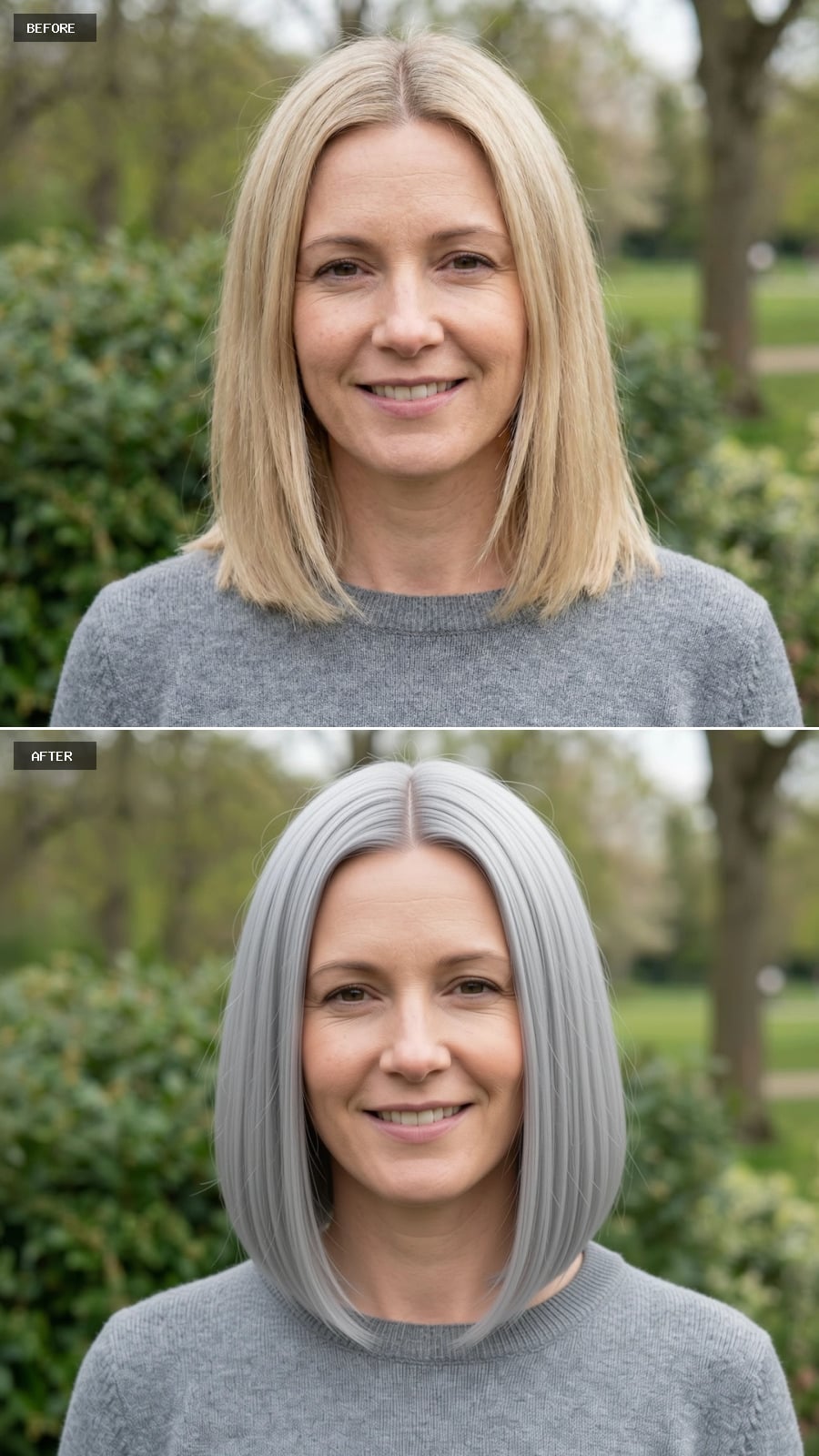 Create A Photorealistic Headshot Makeover Of The Same Woman With A Sleek Mid-length Haircut In Cool Ash Blonde, Blunt Ends, Center Part, And Polished Straight Styling.