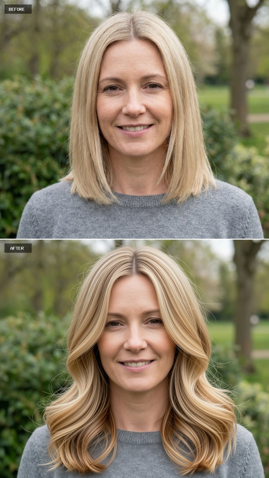 Create A Photorealistic Headshot Makeover Of The Same Woman With A Long Layered Cut In Honey Blonde With Soft Face-framing Pieces And Subtle Blowout Volume.