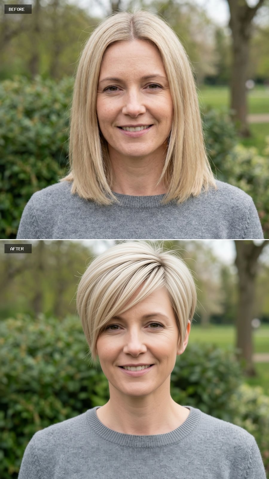 Create A Photorealistic Headshot Makeover Of The Same Woman With A Short Classic Pixie In Light Beige Blonde, Softly Textured Top, And Clean Tapered Sides.