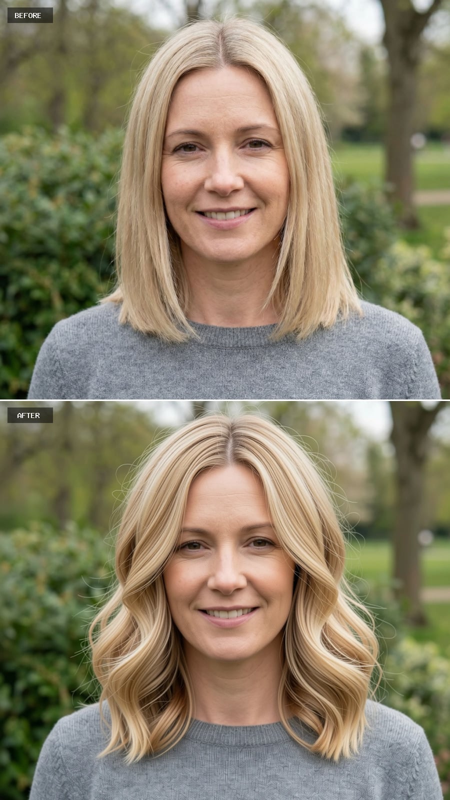 Create A Photorealistic Headshot Makeover Of The Same Woman With A Shoulder-length Lob In Warm Blonde With Lowlight Dimension, Gentle Waves, And Relaxed Side Part.