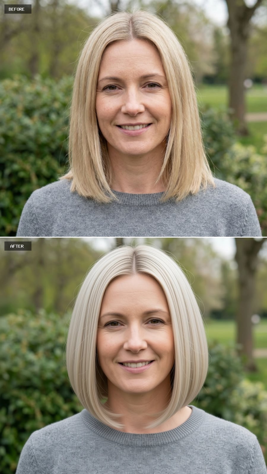 Create A Photorealistic Headshot Makeover Of The Same Woman With A Chin-length Rounded Bob In Cool Champagne Blonde, Full Shape, And Smooth Refined Finish.