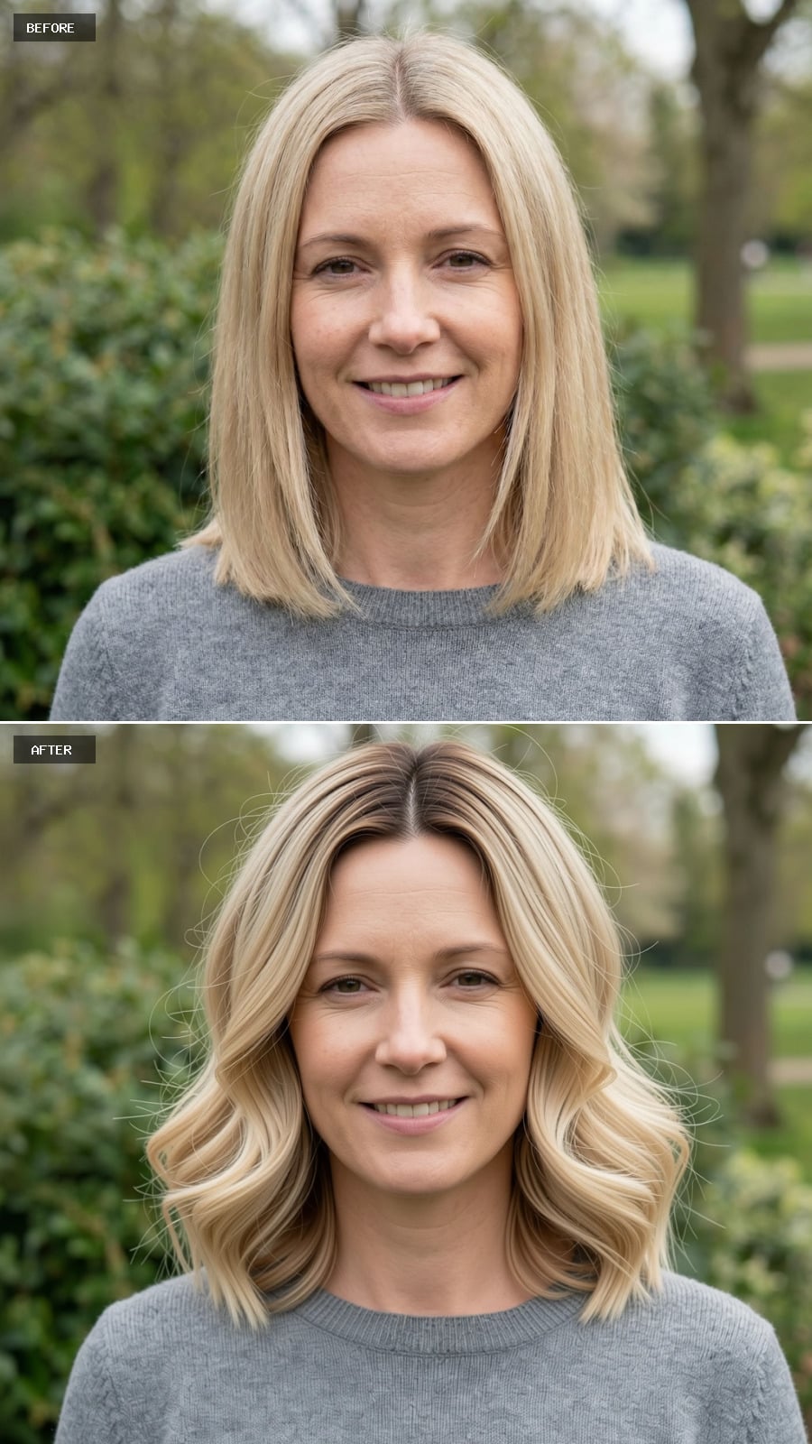 Create A Photorealistic Headshot Makeover Of The Same Woman With A Mid-back Length Cut In Natural Blonde Ombre, Darker Roots Melting Into Lighter Ends, Soft Curls At The Tips.