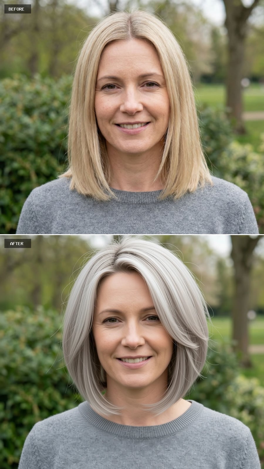 Create A Photorealistic Headshot Makeover Of The Same Woman With A Modern Layered Bob In Soft Ash Blonde, Subtle Crown Lift, And Lightly Feathered Ends.