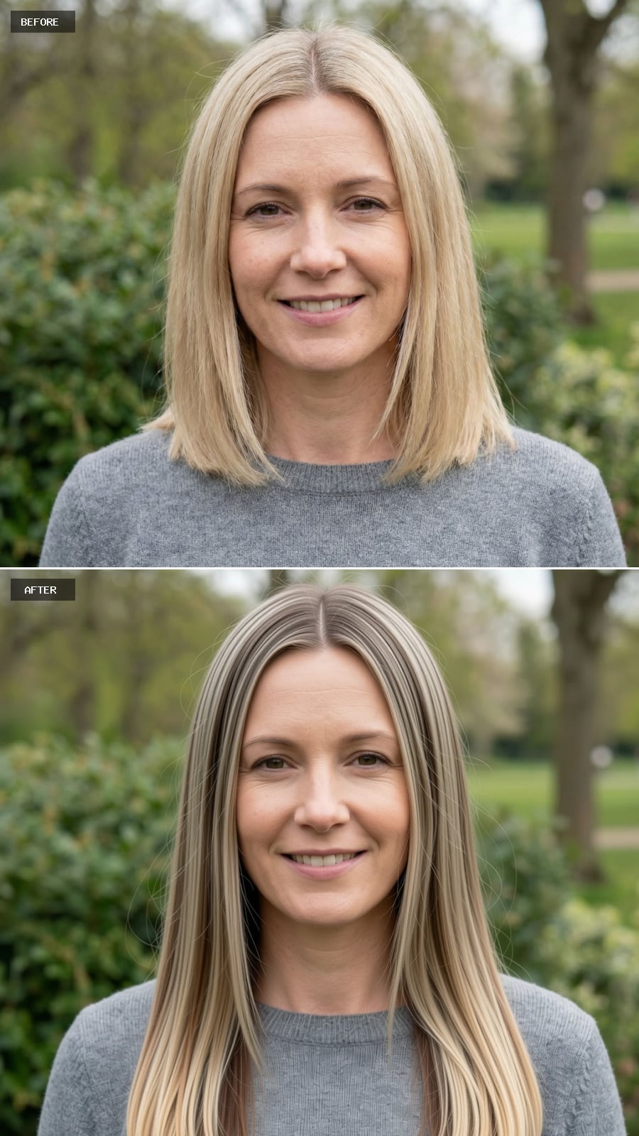 Create A Photorealistic Headshot Makeover Of The Same Woman With A Long Straight Haircut In Neutral Blonde With Blended Balayage Highlights And A Clean Middle Part.
