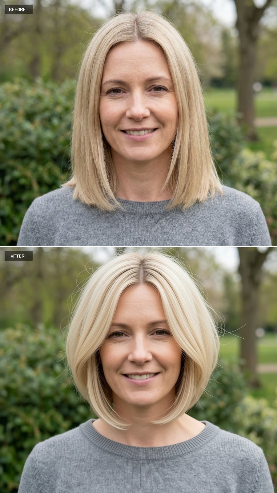 Create A Photorealistic Headshot Makeover Of The Same Woman With A Collarbone-length Cut In Creamy Blonde, Minimal Layers, Airy Movement, And A Fresh Natural Finish.