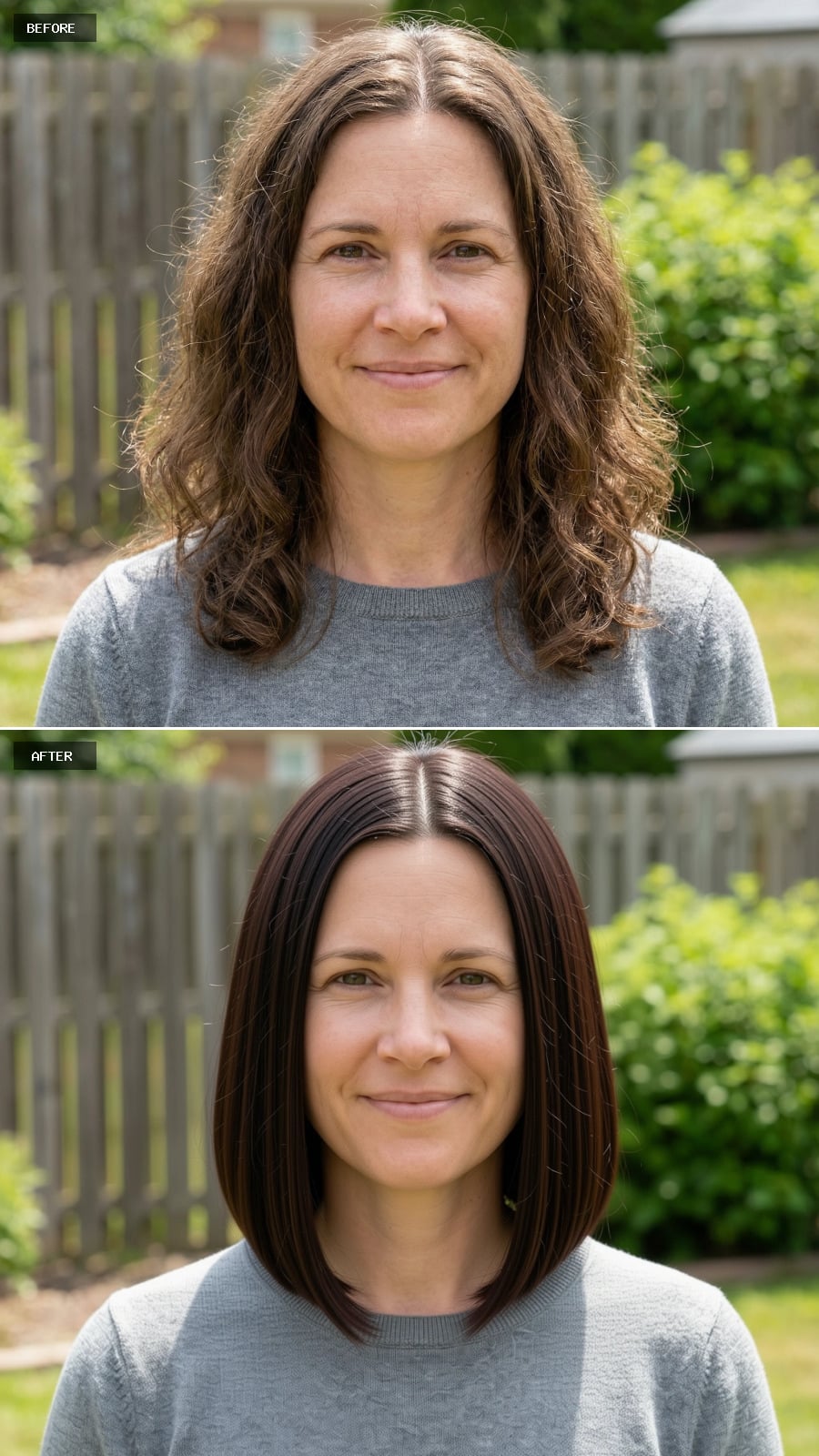 Chin-length Blunt Bob With Slight Inward Bend At The Ends, Rich Dark Brunette Tone, Clean Center Part, Polished But Modern Look