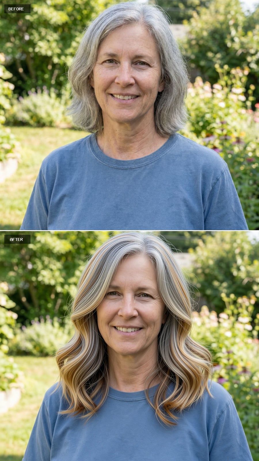 Soft Shoulder-length Layered Cut With Warm Honey Blonde Highlights Blended Through Natural Gray, Face-framing Pieces, Gentle Wave, Smiling 56-year-old Woman Outdoors, Photorealistic Makeover Headshot