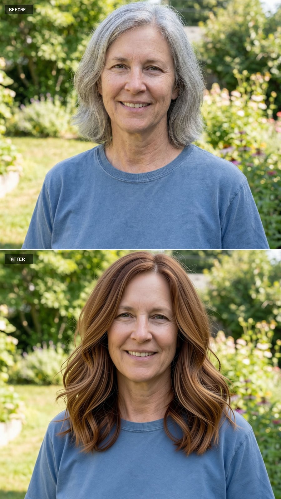 Collarbone-length Lob With Long Feathered Layers, Warm Caramel Brown Tone, Natural Movement And Light Volume, Smiling 56-year-old Woman Outdoors