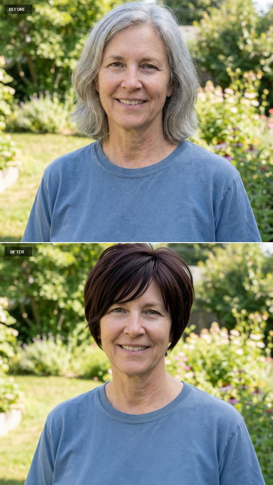 Short Modern Pixie With Longer Crown And Side-swept Fringe, Deep Espresso Brown Color, Softly Tousled Texture, Smiling 56-year-old Woman Outdoors