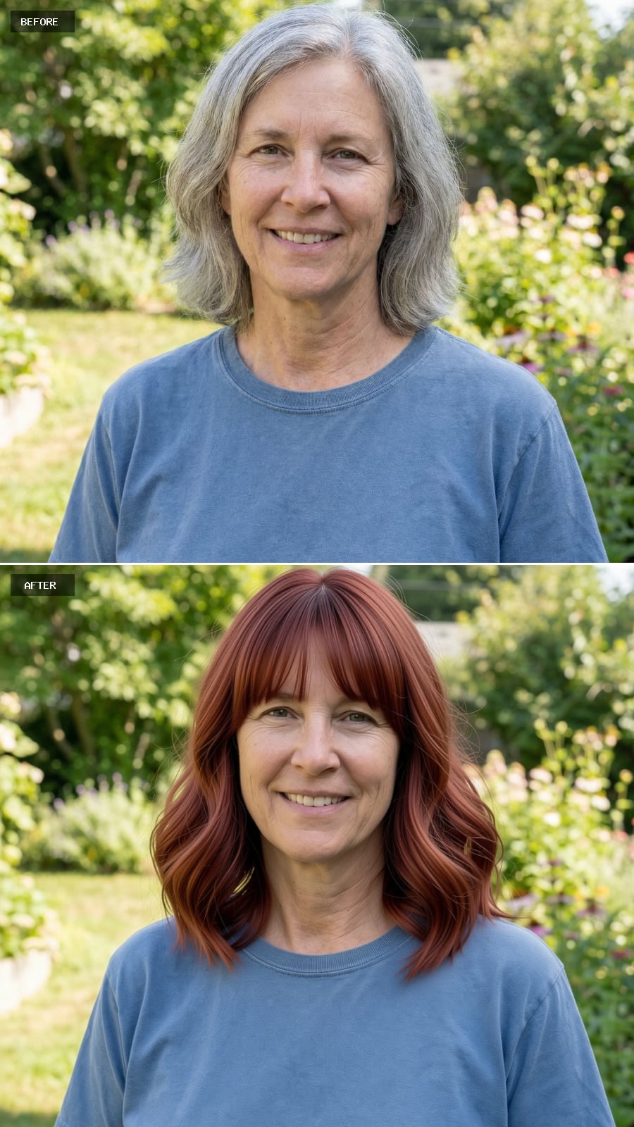 Mid-length Cut Just Past The Shoulders With Curtain Bangs, Soft Auburn Shade, Loose Natural Waves, Smiling 56-year-old Woman Outdoors