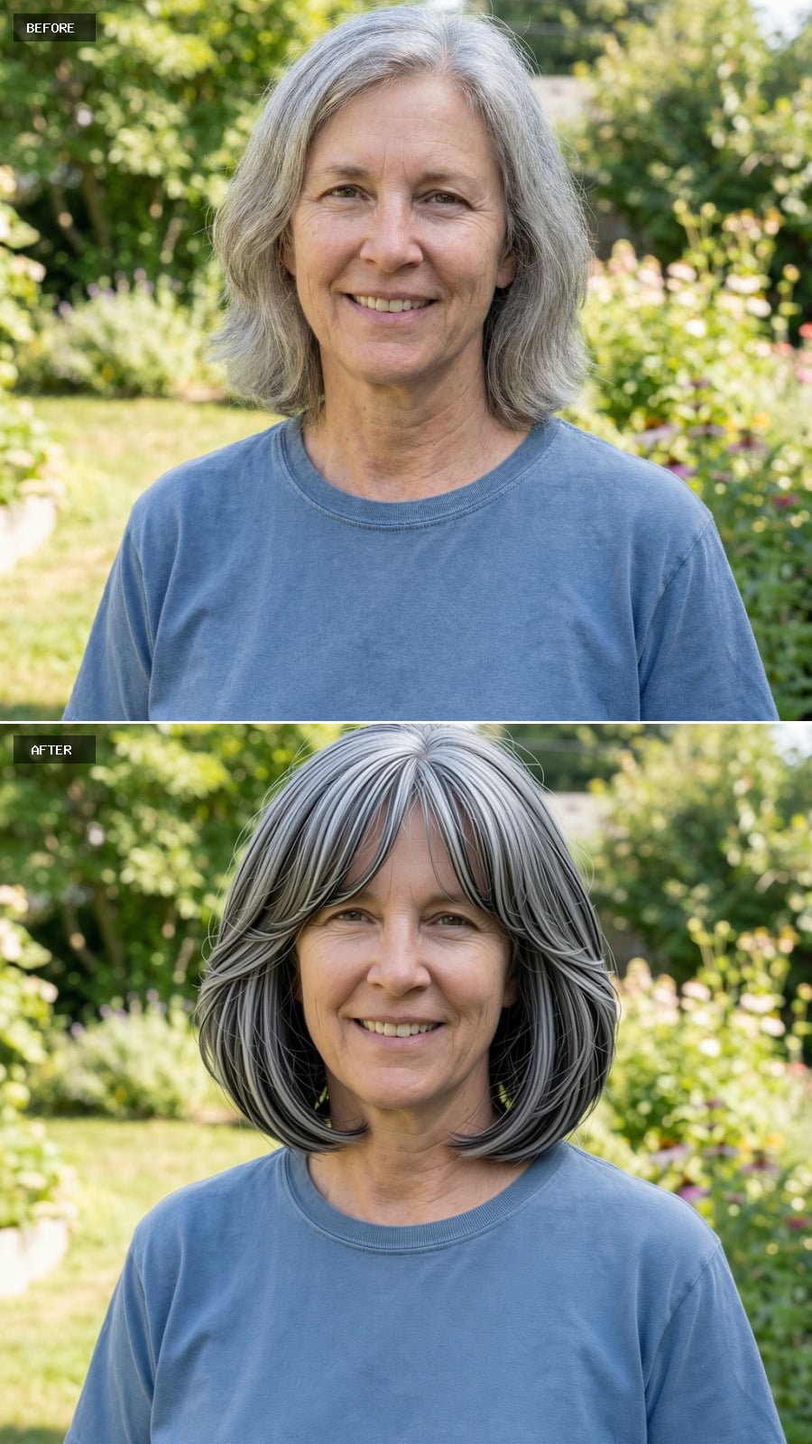 Elegant Jaw-length French Bob With Wispy Bangs, Salt-and-pepper Base Enhanced With Glossy Silver Tone, Softly Undone Styling, Smiling 56-year-old Woman Outdoors
