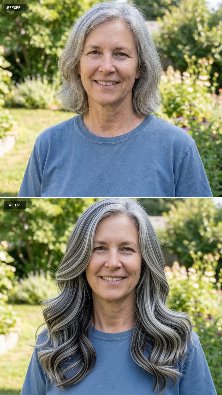 Long Layered Haircut Past The Shoulders With Blended Gray-to-silver Balayage, Soft S-waves, Youthful Movement, Smiling 56-year-old Woman Outdoors