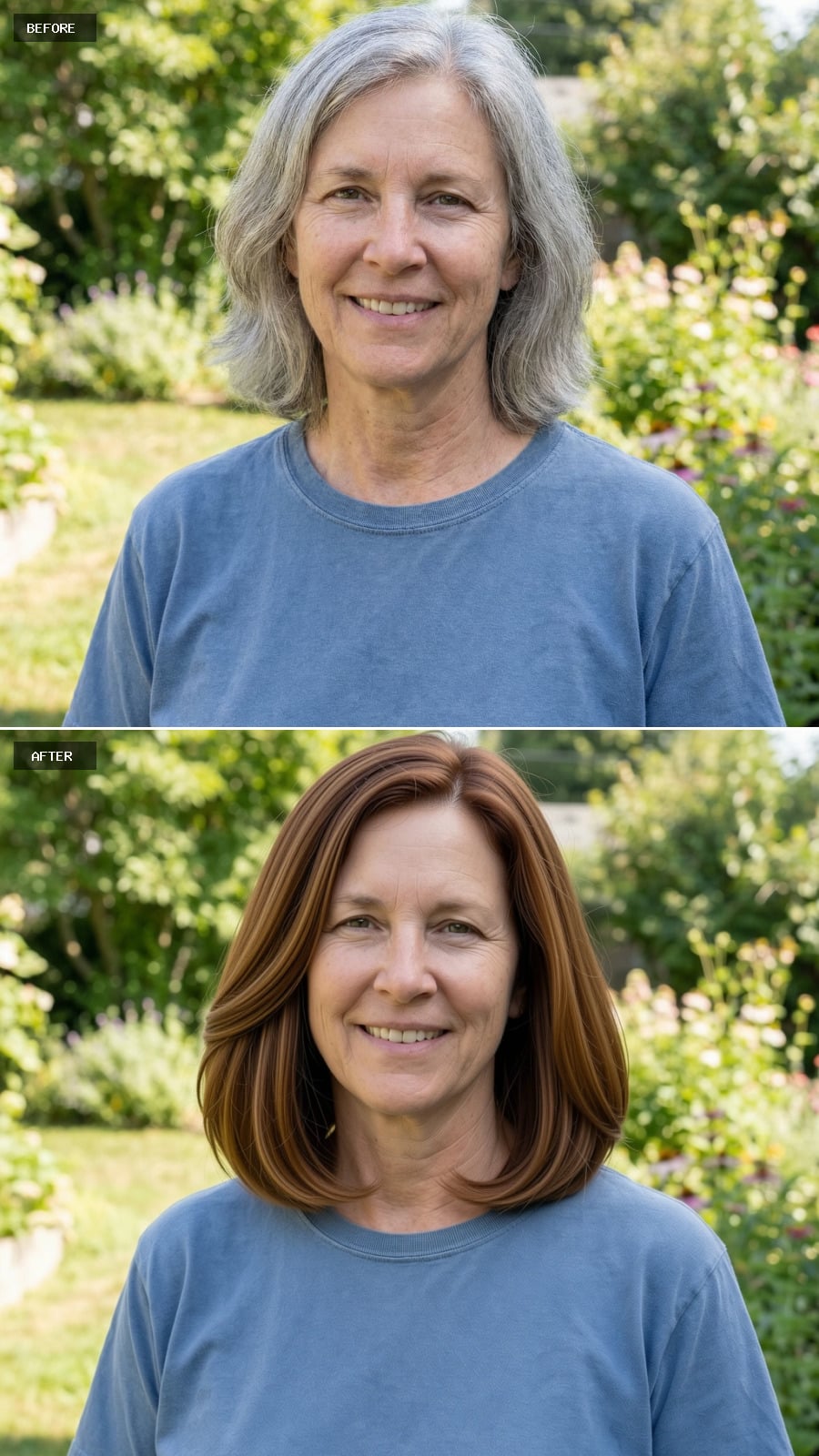 Classic Shoulder-length Cut With Rounded Layers And Subtle Bend, Warm Chestnut Brown Color, Polished But Natural Finish, Smiling 56-year-old Woman Outdoors
