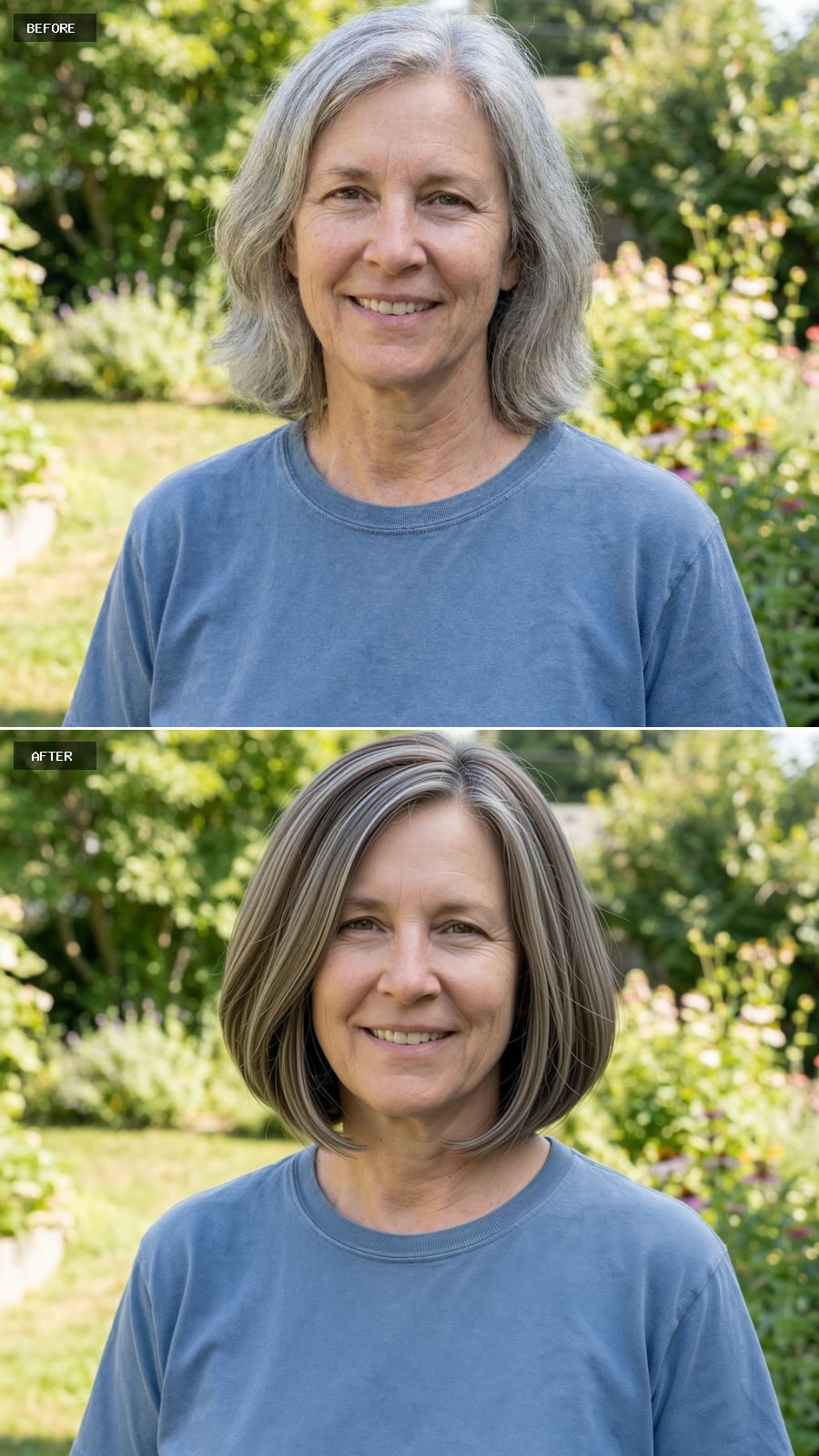 Short Layered Bob With Tapered Nape And Volume At The Crown, Neutral Brown With Subtle Ash Highlights, Smiling 56-year-old Woman Outdoors