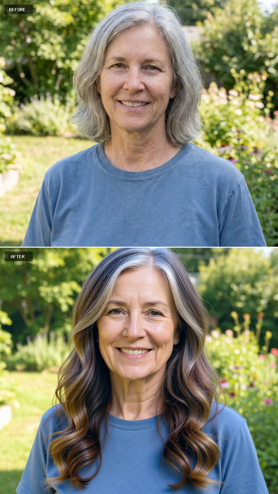 Long Softly Curled Hairstyle With Blended Layers, Warm Dark Blonde Leaning Natural, Elegant But Approachable Look, Smiling 56-year-old Woman Outdoors