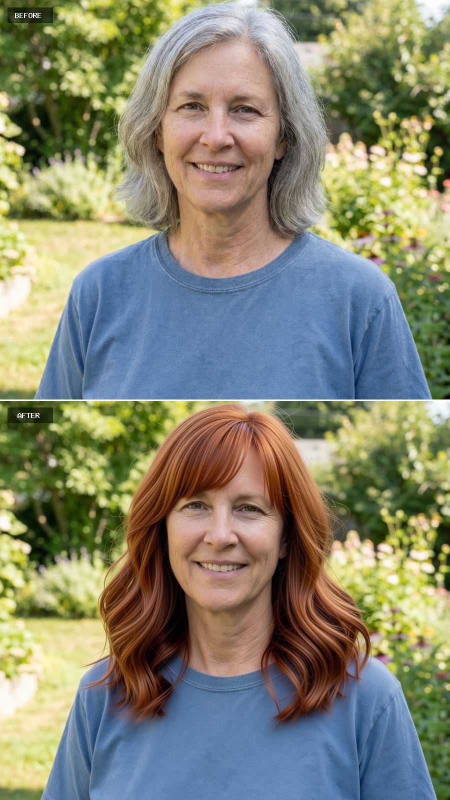 Shoulder-length Wavy Cut With Side-swept Bangs, Copper Auburn Color, Soft Movement And Fullness, Smiling 56-year-old Woman Outdoors