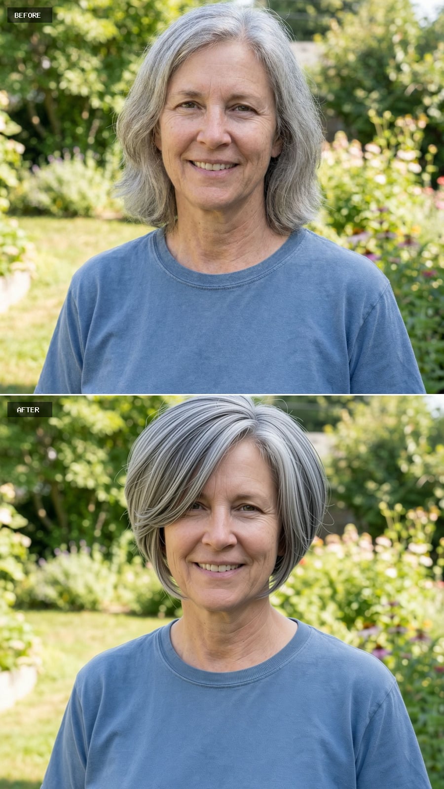 Modern Pixie-bob Hybrid With Gentle Texture And Longer Front Pieces, Natural Gray Enhanced With Pearl Tones, Smiling 56-year-old Woman Outdoors