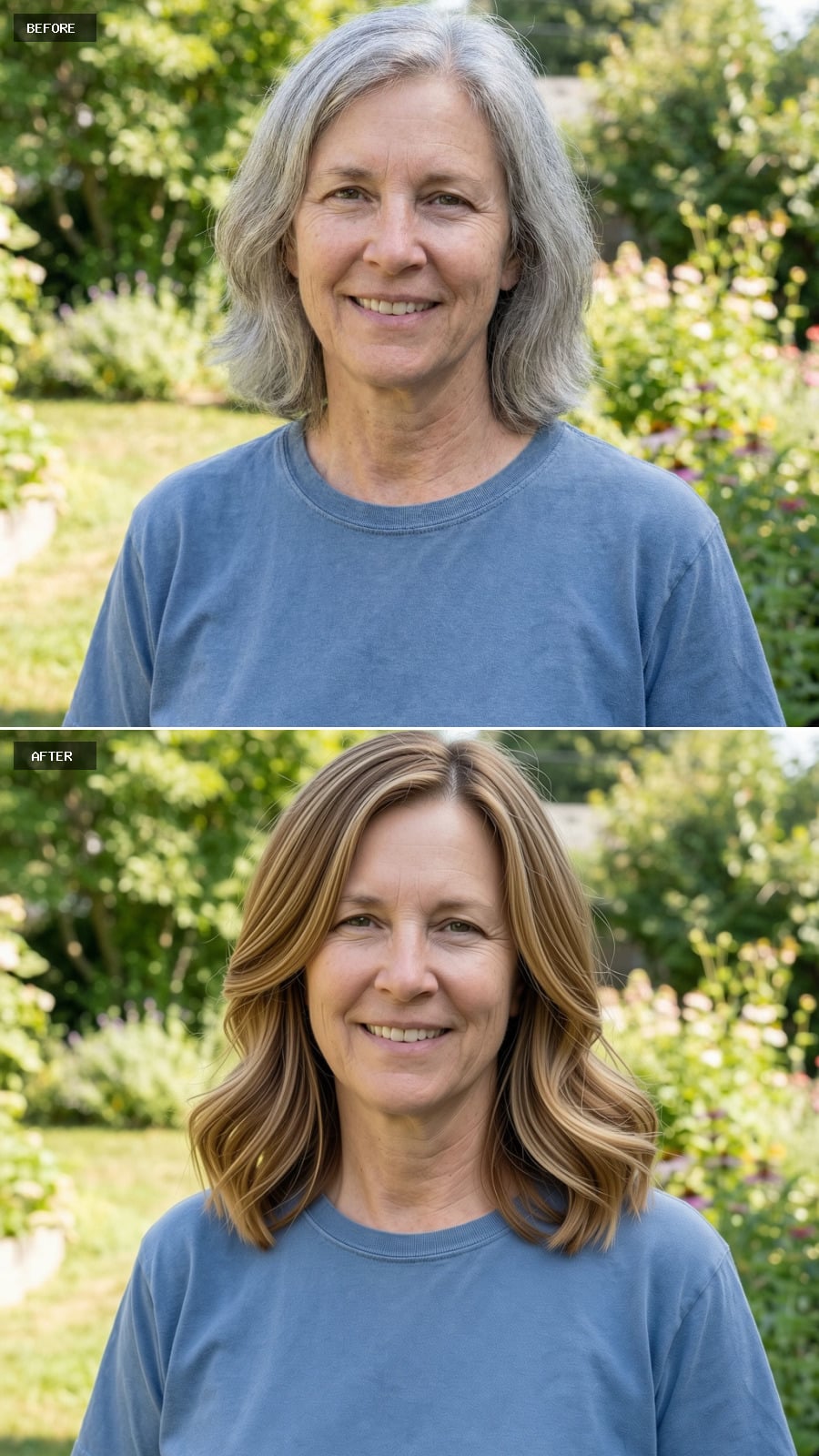 Mid-length Haircut With Invisible Layers And Flipped-out Ends, Warm Light Brown Color, Fresh Youthful Styling, Smiling 56-year-old Woman Outdoors