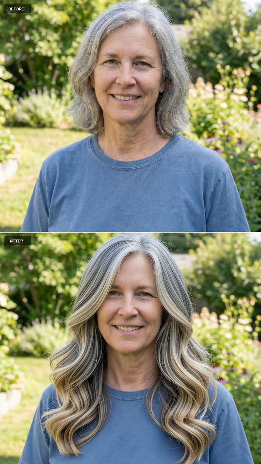 Long Layered Cut With Face-framing Highlights, Soft Beige-blonde Blended With Gray, Loose Brushed Waves, Smiling 56-year-old Woman Outdoors