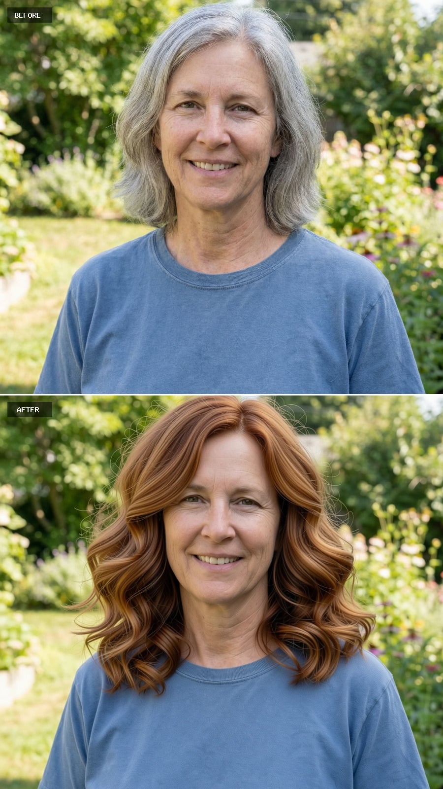 Soft Shoulder-length Curls With Layered Shape, Warm Cinnamon Brown Tone, Natural Volume And Bounce, Smiling 56-year-old Woman Outdoors