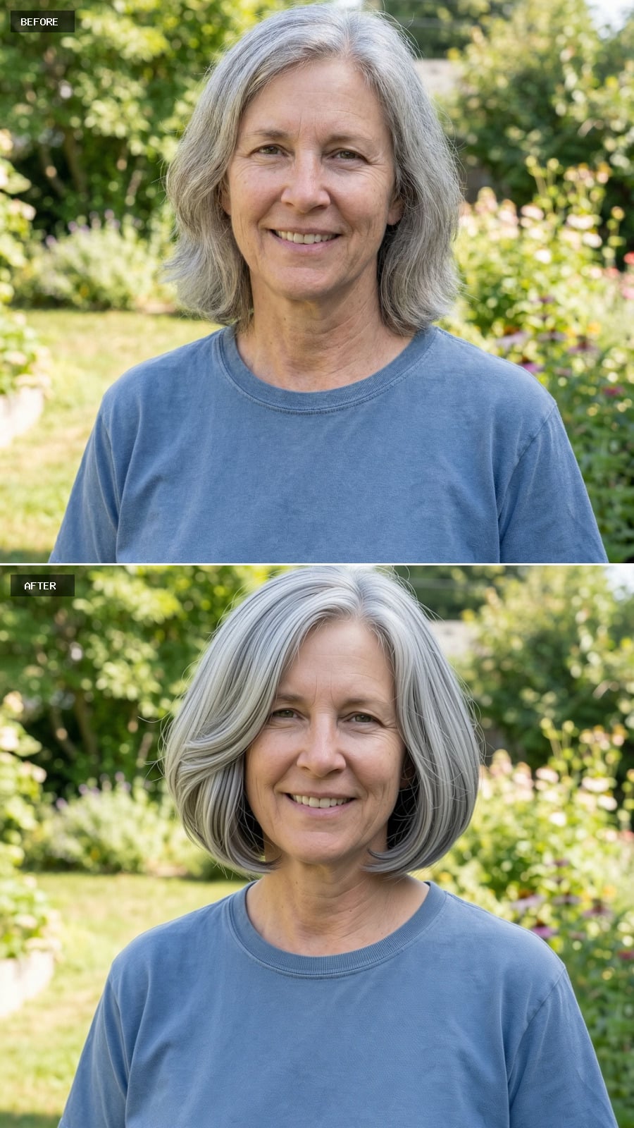 Short Rounded Bob With Soft Layering And Gentle Wave, Silver-gray Color Polished And Glossy, Smiling 56-year-old Woman Outdoors